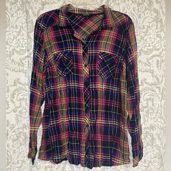 torrid Tops - Torrid Challis Button Down Long Sleeve Plaid Cowgirl Rodeo Shirt Pink Blue 1X